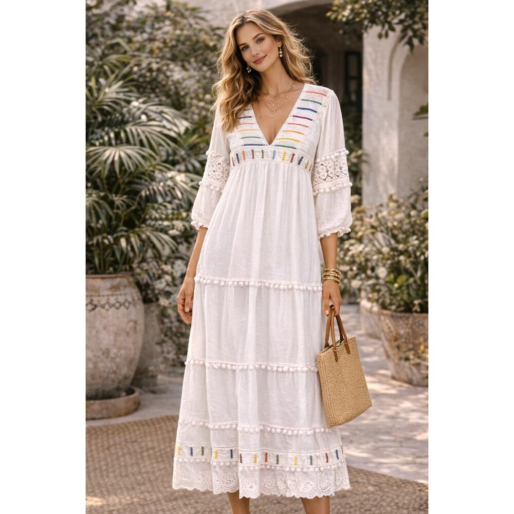 Place‎ Nationale Boho Maxi Dress Size M Rainbow Embroidered Deep V Pom Pom Trim